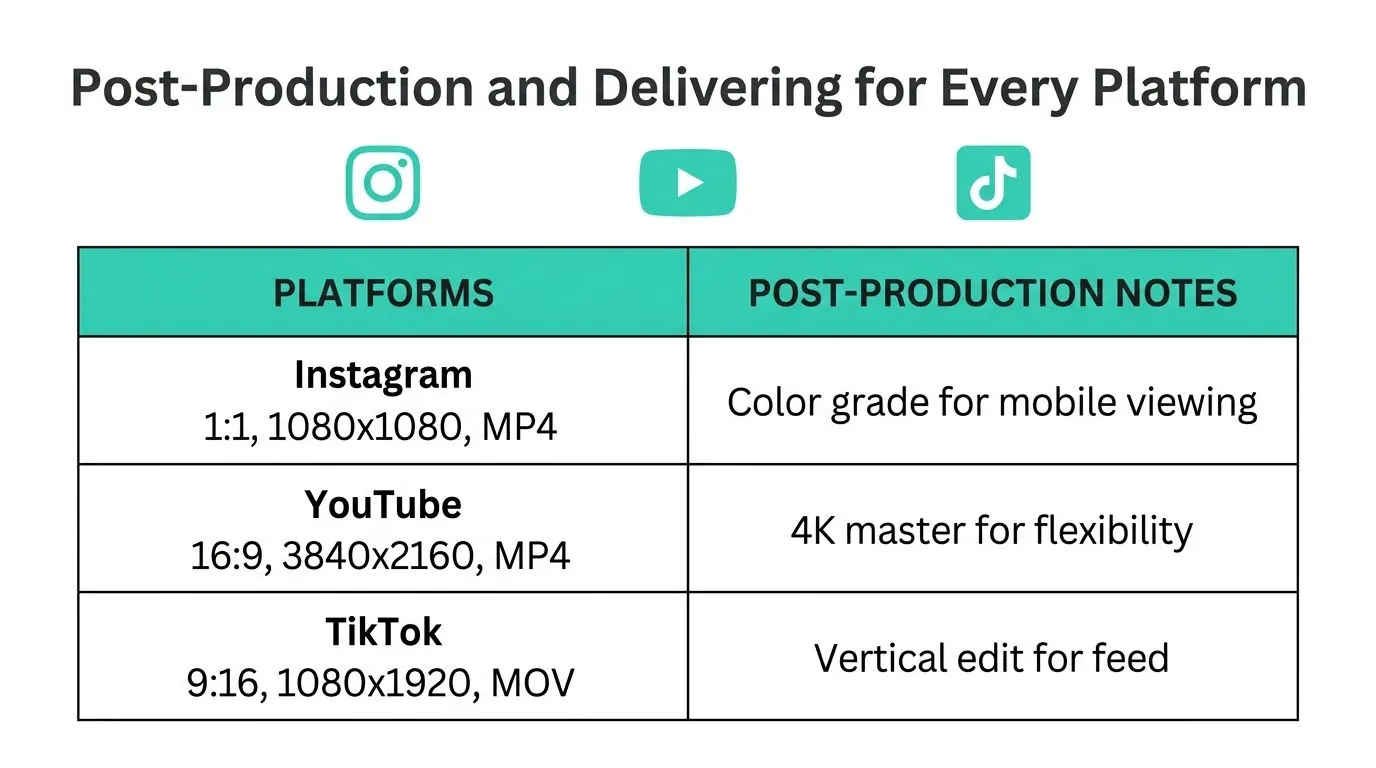 A table outlining post-production and delivery specifications for Instagram, YouTube, and TikTok video content.