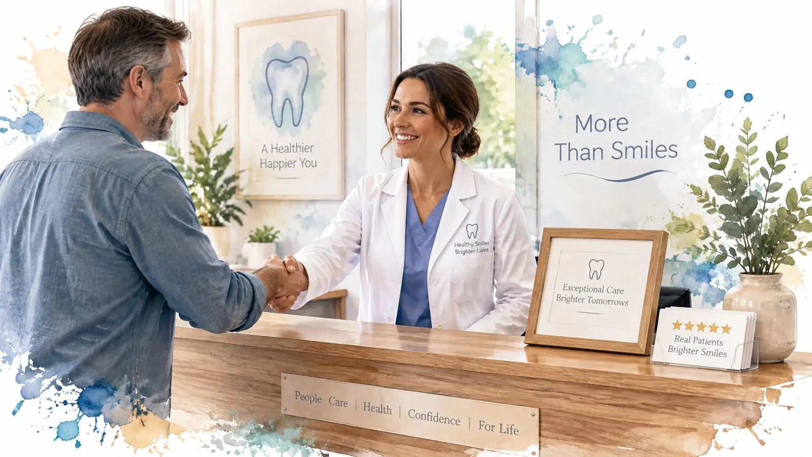 A friendly dentist shaking hands with a male patient at a modern dental office reception desk.