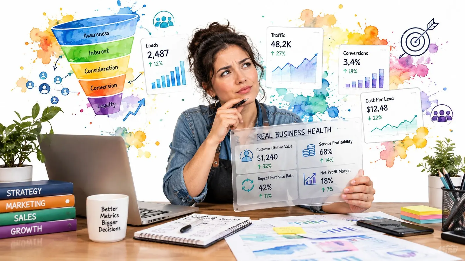 A female business consultant analyzing digital growth metrics, marketing funnel data, and financial business health KPIs on a desk.