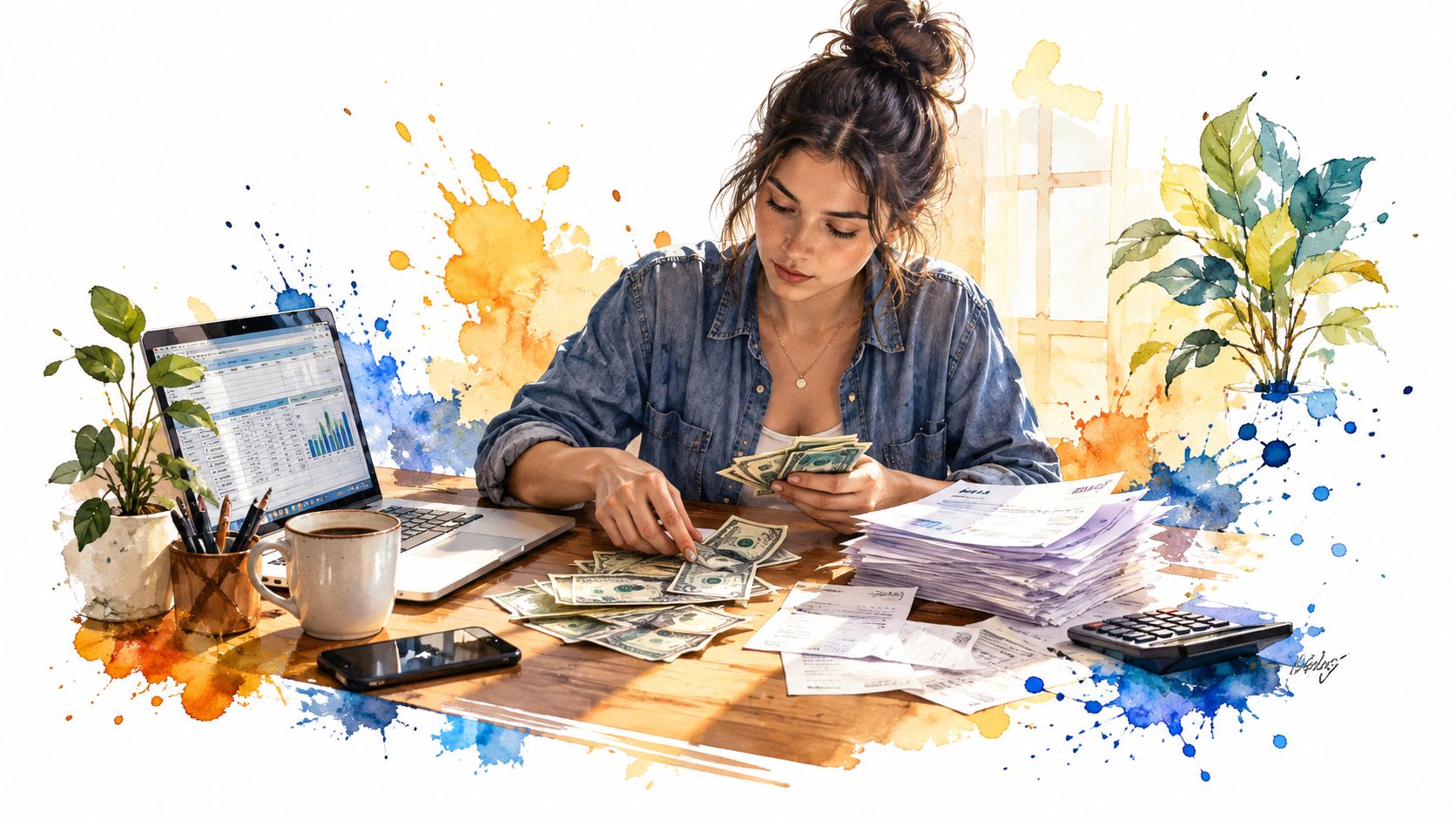 A woman working at a desk managing finances with cash, a laptop, and stacks of paperwork.