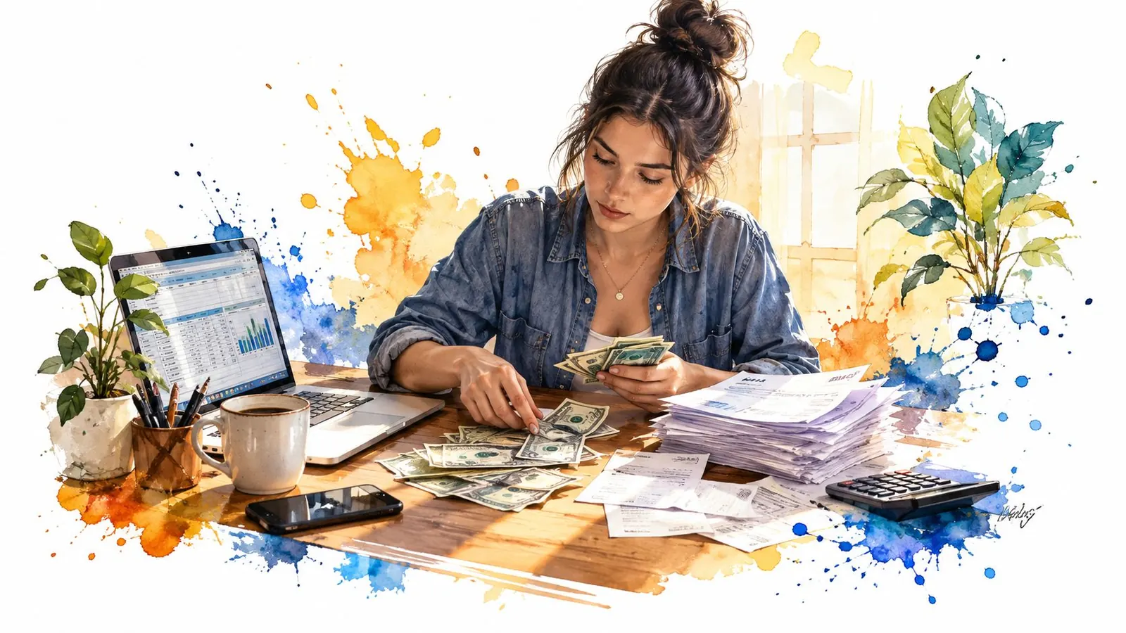 A woman working at a desk managing finances with cash, a laptop, and stacks of paperwork.