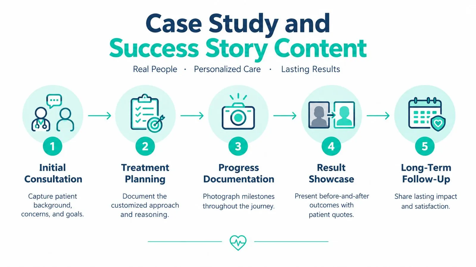 A five-step infographic detailing the process for creating medical case study and success story content for patients.