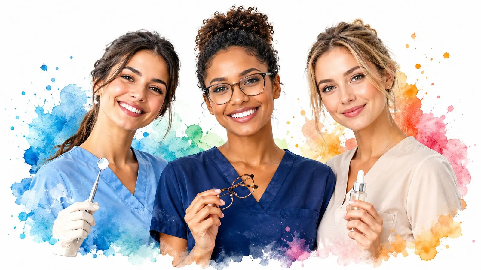Three professional healthcare workers smiling, wearing medical scrubs and holding clinical tools against a watercolor background.