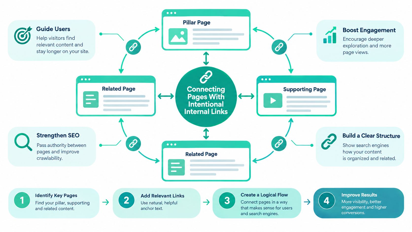 A diagram illustrating how to connect website pages using intentional internal links to improve SEO and user experience.