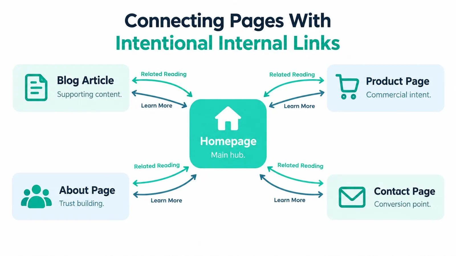 A diagram illustrating how to connect various website pages to the homepage using intentional internal links.