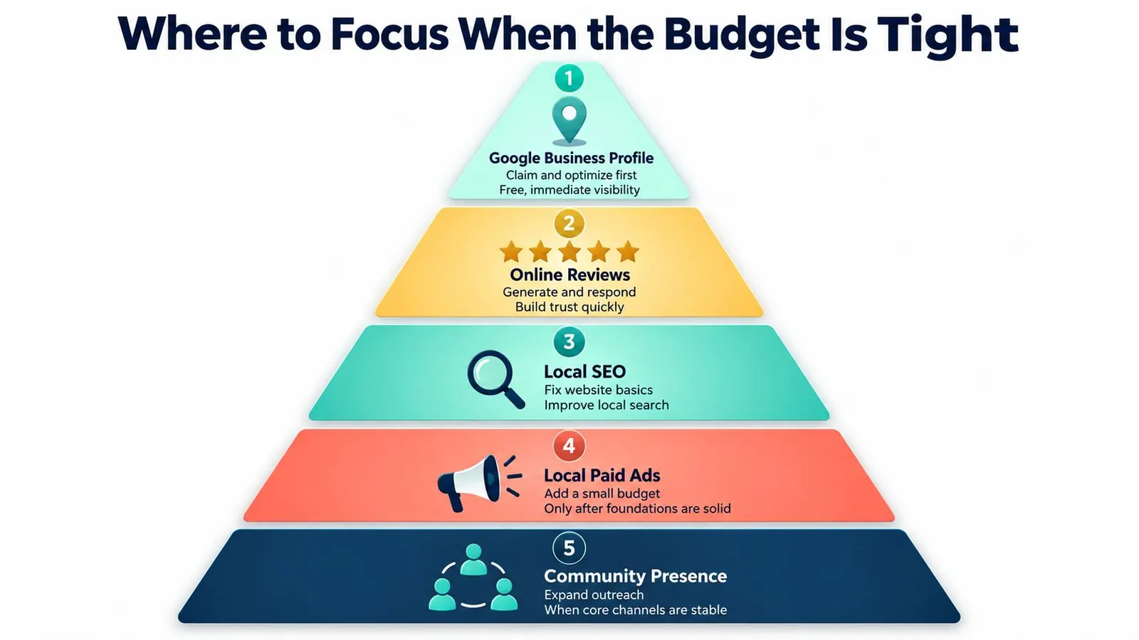 A five-step strategy pyramid for business marketing focus when operating with a tight budget.